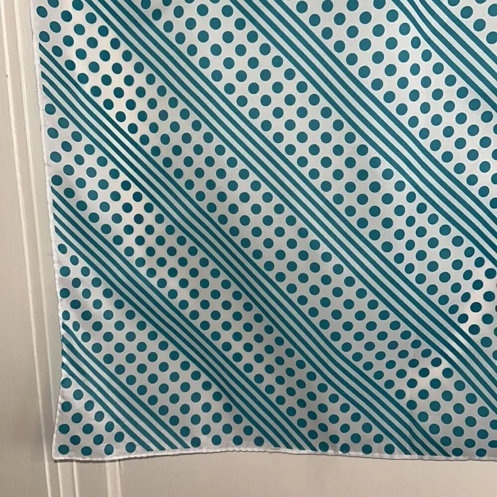 Vtg mid century white polyester‎ square scarf / turquoise stripes & polka dots